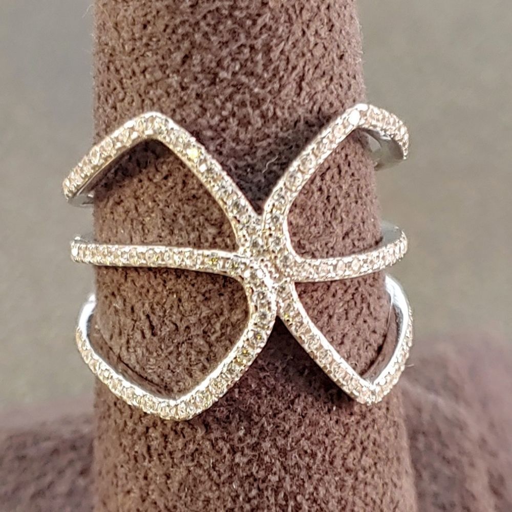 Sterling Silver CZ Intersecting Openwork Ring Band - Picture 2 of 6